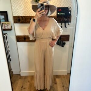 Mustard Seed Cream Jumpsuit with Flutter Sleeves and Wide-Leg Design